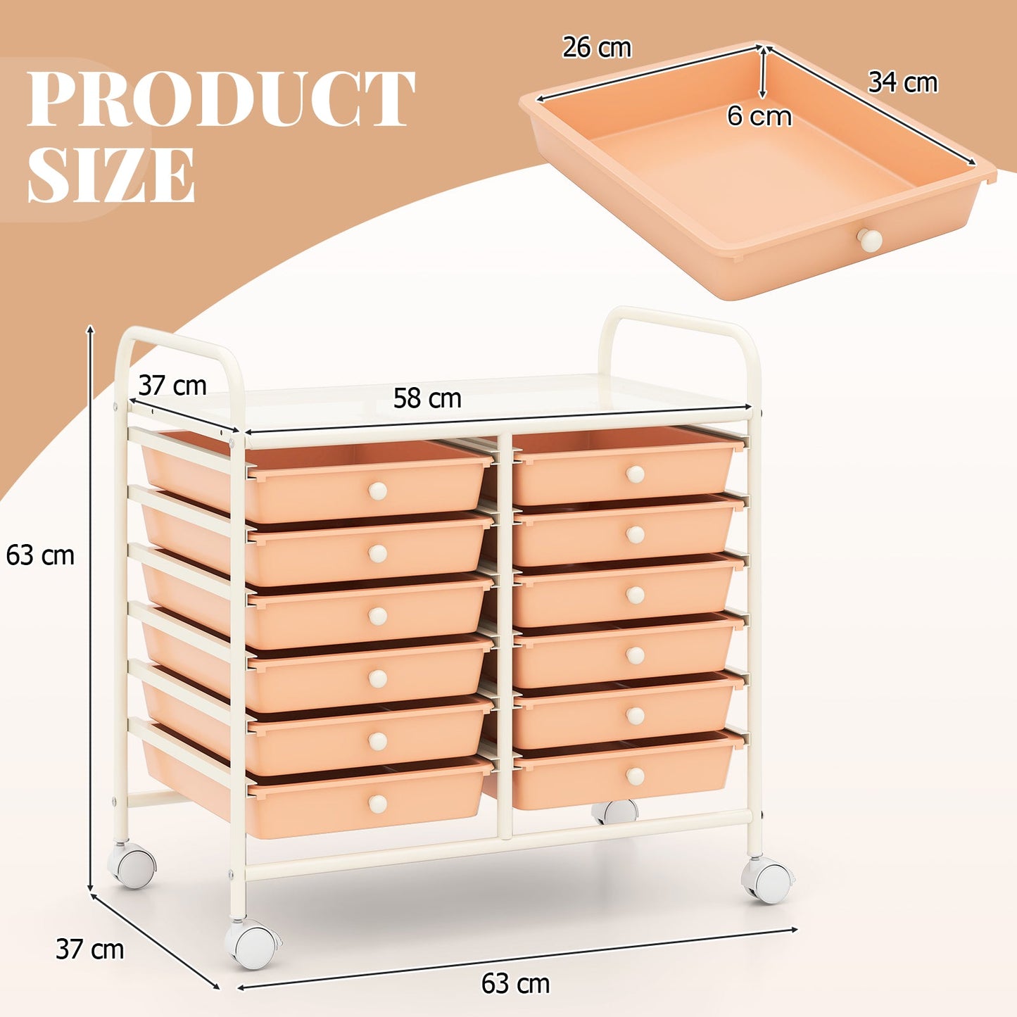 Storage Rolling Cart with Drawer and Large Countertop Side Handles-Pink