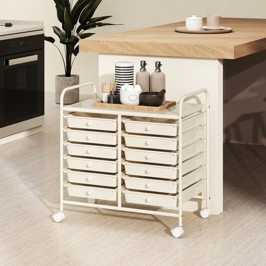 Storage Rolling Cart with Drawer and Large Countertop Side Handles-White