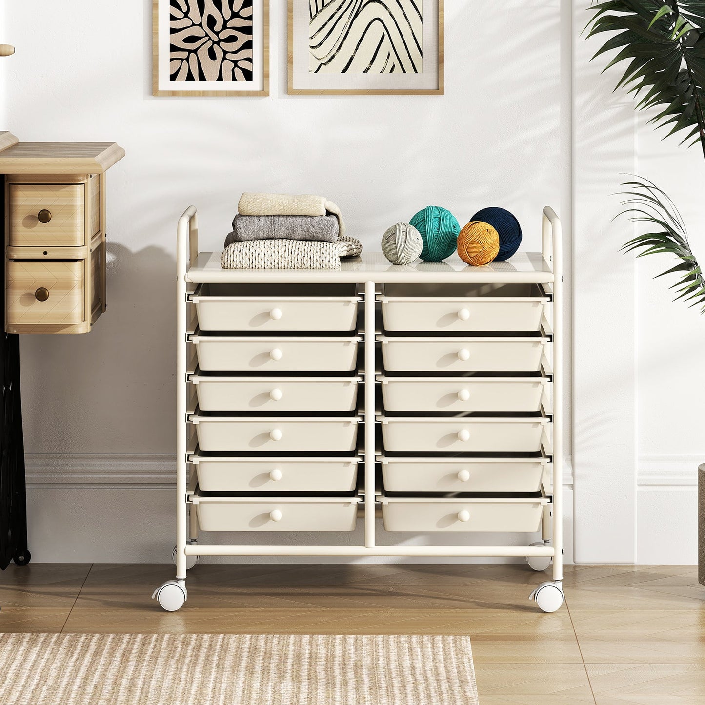 Storage Rolling Cart with Drawer and Large Countertop Side Handles-White