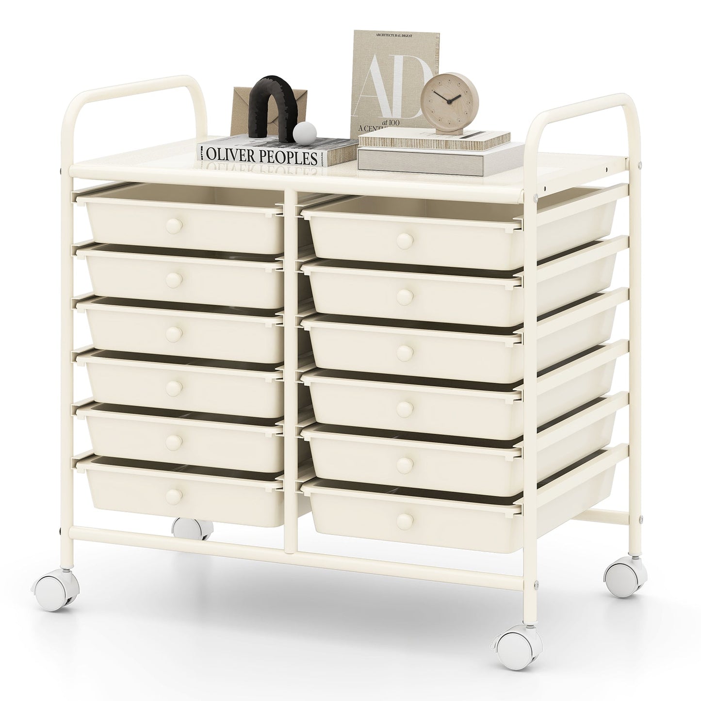 Storage Rolling Cart with Drawer and Large Countertop Side Handles-White