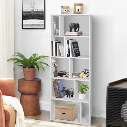 Wood Bookshelf with 10 Compartments Home Study Living Room-White