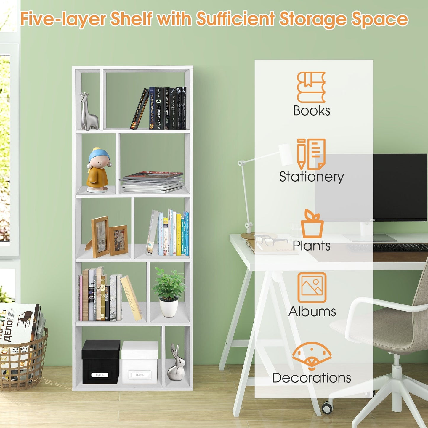 Wood Bookshelf with 10 Compartments Home Study Living Room-White