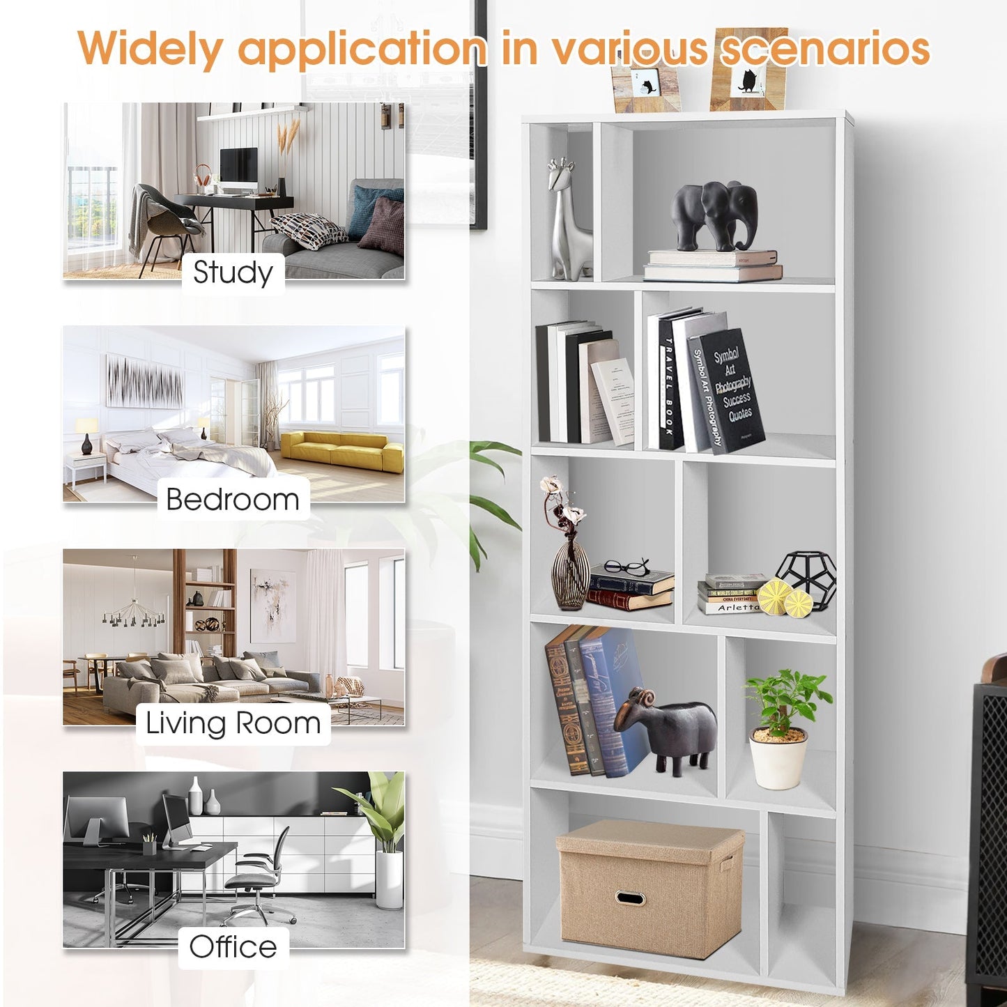 Wood Bookshelf with 10 Compartments Home Study Living Room-White
