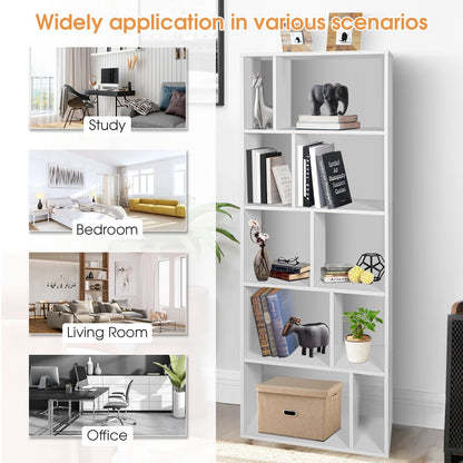 Wood Bookshelf with 10 Compartments Home Study Living Room-White