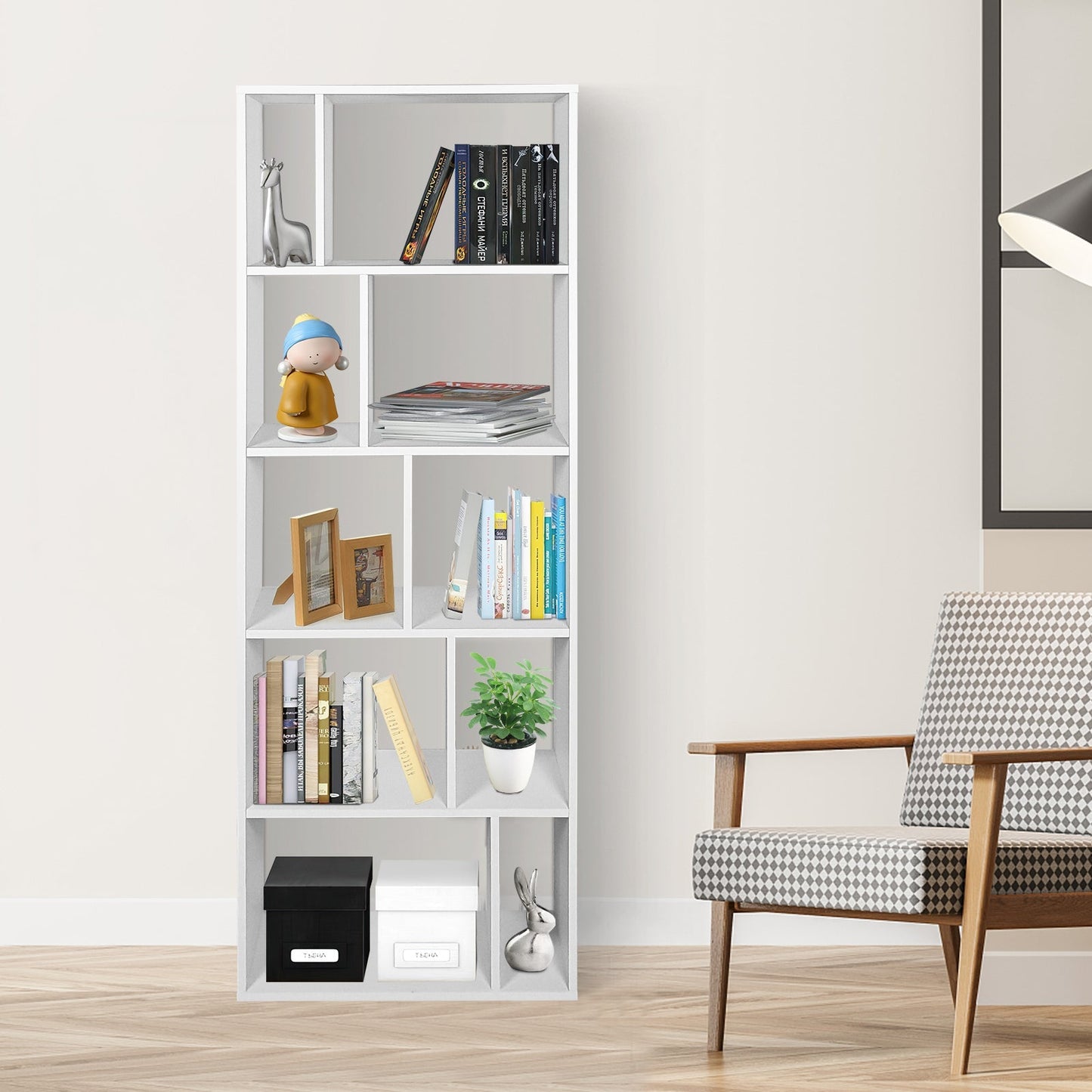 Wood Bookshelf with 10 Compartments Home Study Living Room-White