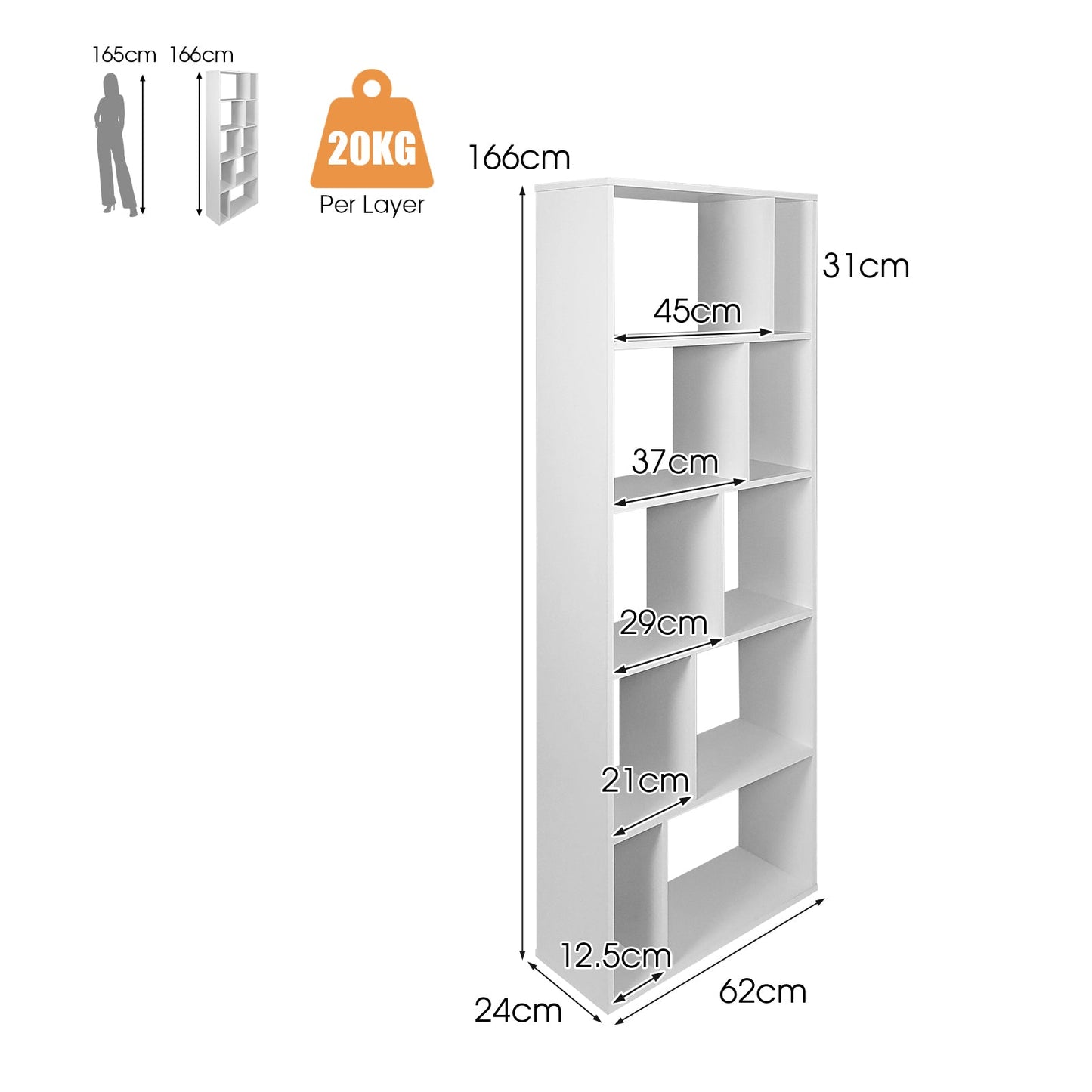 Wood Bookshelf with 10 Compartments Home Study Living Room-White