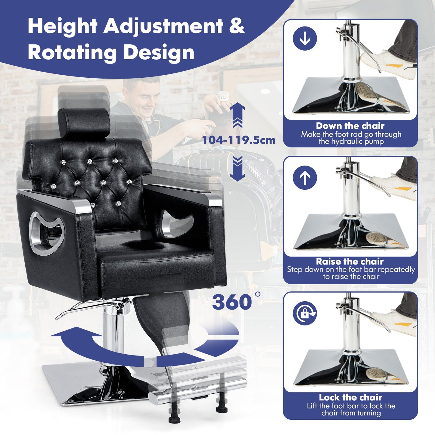 Adjustable Swivel Barber Chair with Padded Backrest-Black