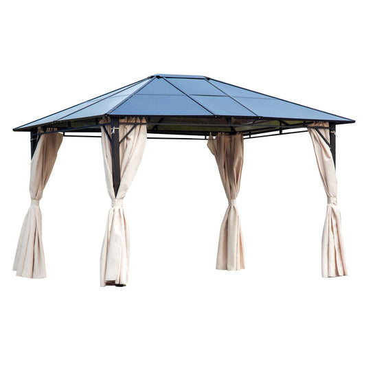 Outsunny 3 x 3.6m Hardtop Gazebo Canopy with Polycarbonate Roof Garden Pavilion with Removable Curtains and Steel Frame, Brown