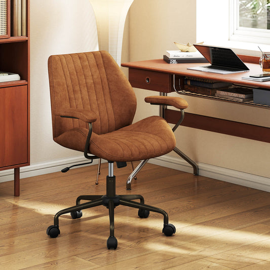 Suede Fabric Office Chair Swivel Adjustable with Padded Arms and Wheels-Brown
