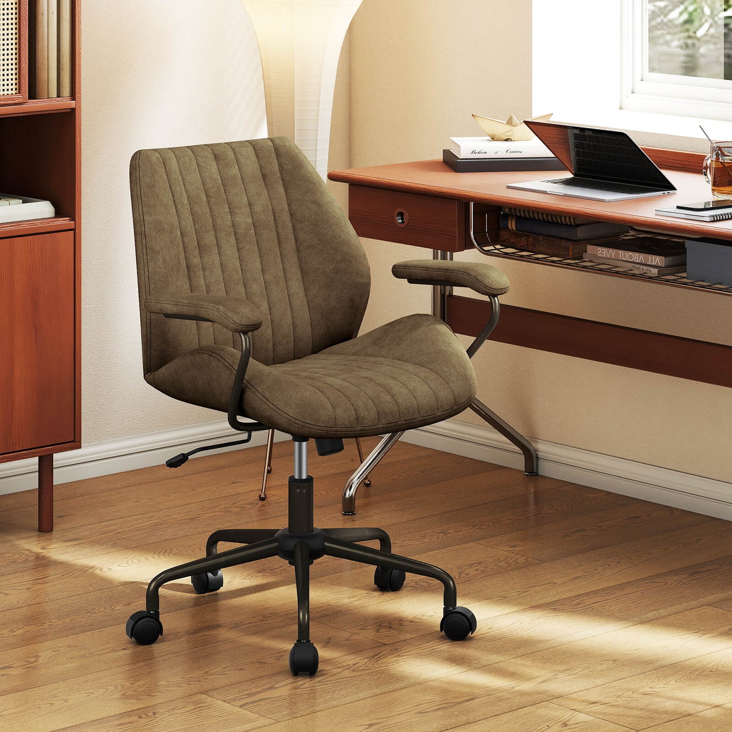 Suede Fabric Office Chair Swivel Adjustable with Padded Arms and Wheels-Olive Green