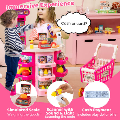 Supermarket Playset for Kids 76 Pieces Pretend Play Grocery Store Set-Pink