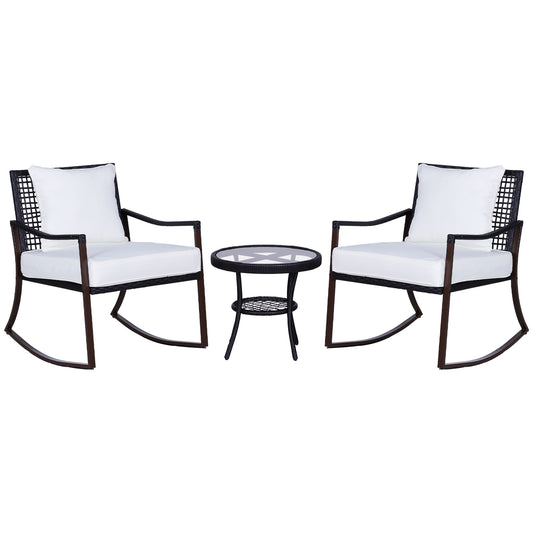 Outsunny 3 Pieces PE Rattan Garden Rocking Chair Set w/ Soft Cushion, Outdoor Rocking Bistro Set with Tempered Glass Round Coffee Table, Pillow, Brown