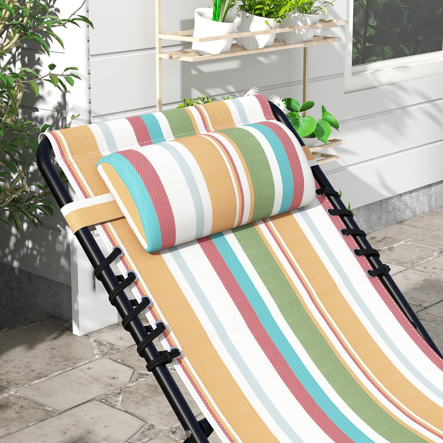 Outsunny 2 Piece Folding Sun Lounger Beach Chaise Chair Garden Cot Camping Recliner with 4 Position Adjustable Multicolored