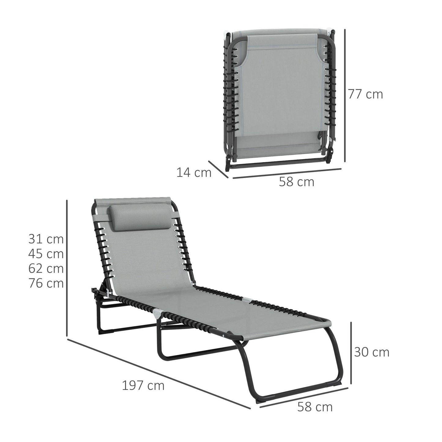 Outsunny Folding Sun Lounger Beach Chaise Chair Garden Cot Camping Recliner with 4 Position Adjustable Light Grey