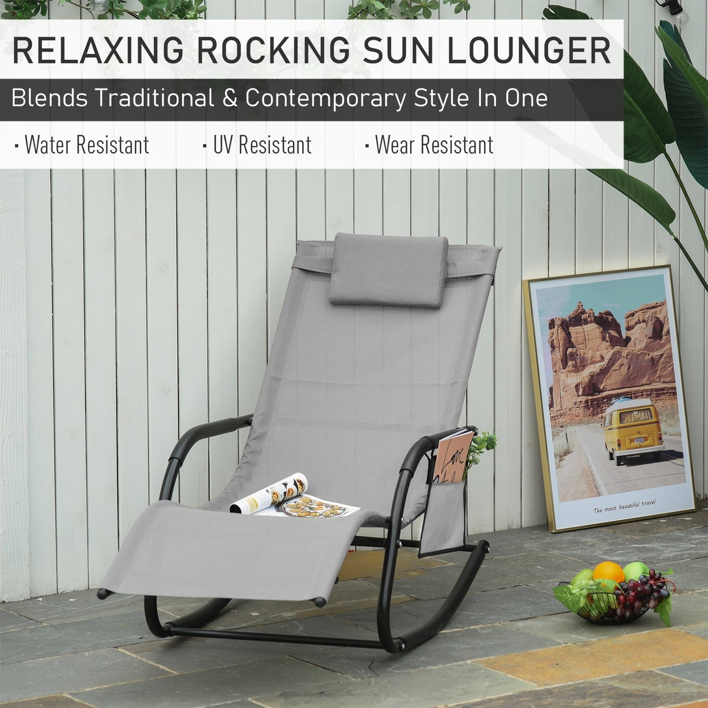 2 Piece Outdoor Garden Rocking Chair Patio Sun Lounger Rocker, Breathable Mesh, Removable Headrest Pillow, Armrest, Side Storage - Grey