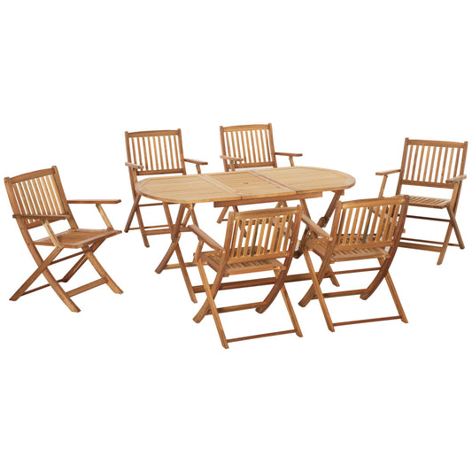 Outsunny 7 Piece Wooden Garden Dining Set with Umbrella Hole, Folding Dining Table and Armchairs with Parasol Hole, 6 Seater Outdoor Patio Furniture for Backyard, Deck and Balcony, Teak