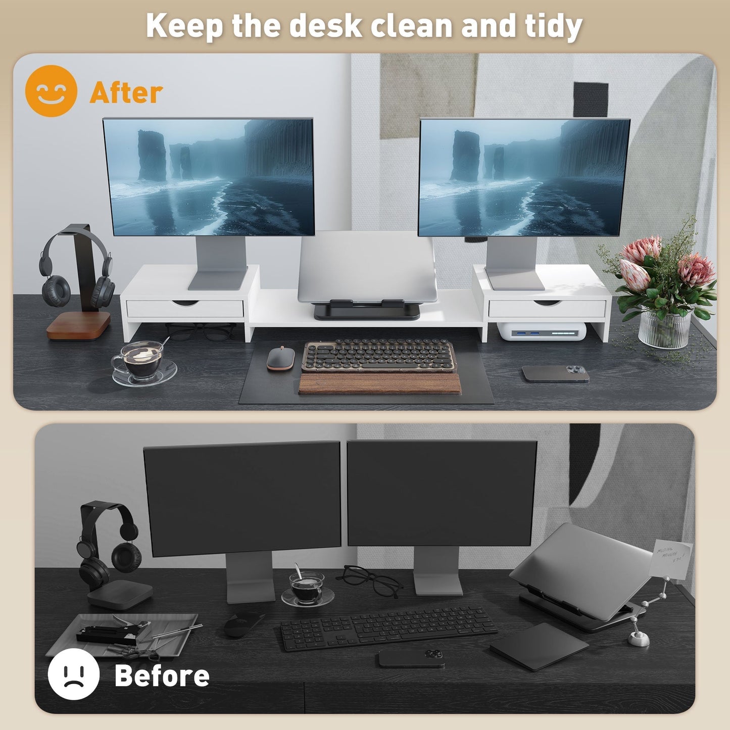 HOMCOM Dual Monitor Stand Riser with 2 Drawers, Adjustable Length and Angle, 116cm Monitor Riser for Laptop, Computer, PC, Small Printer, White