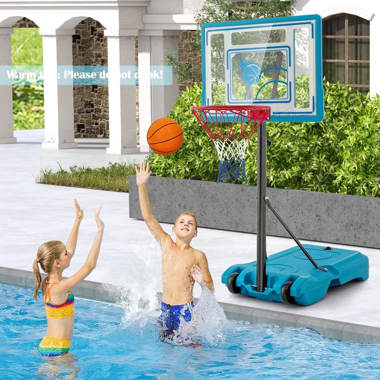 Swimming Pool Basketball Hoop Adjustable with Fillable Base and Wheels-Blue
