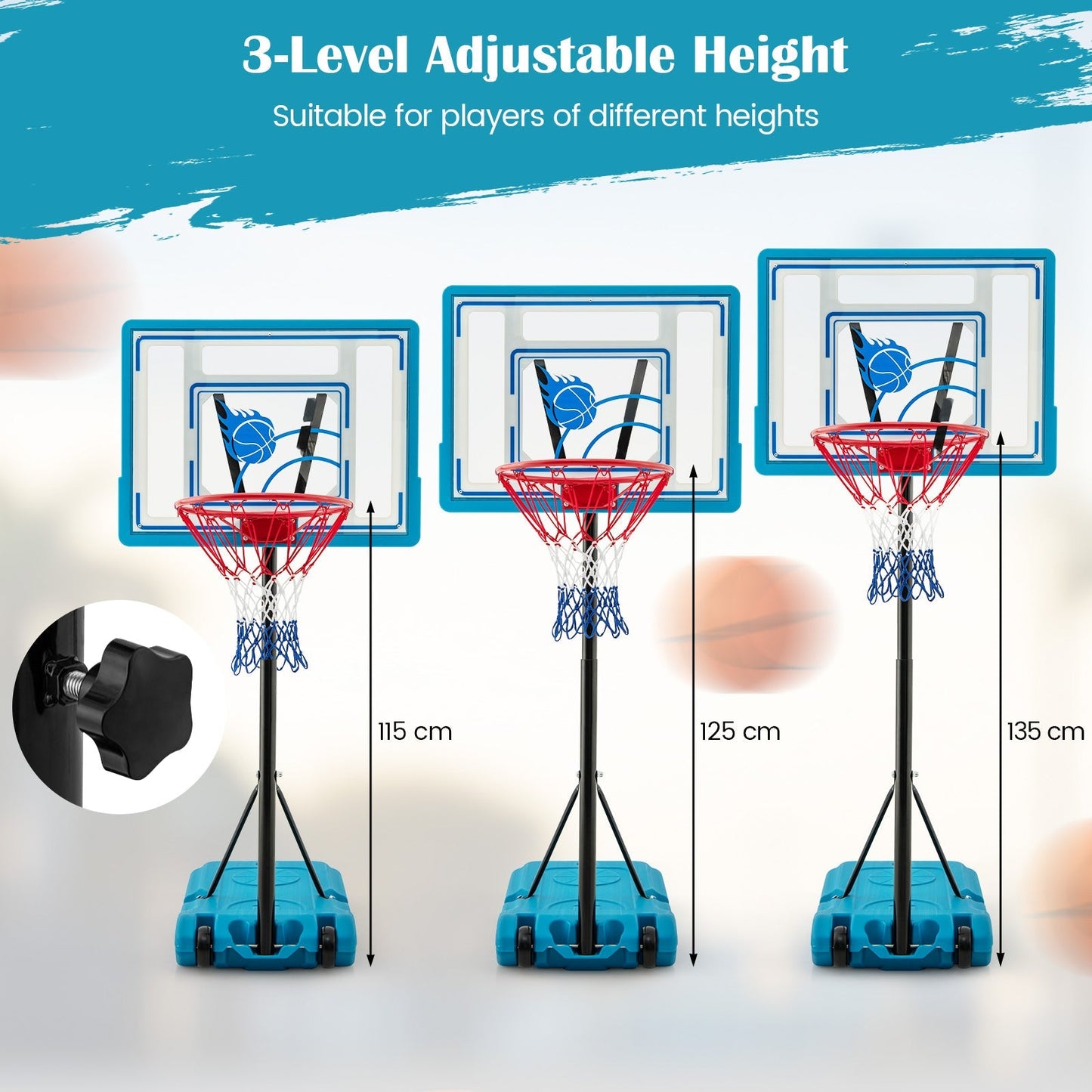 Swimming Pool Basketball Hoop Adjustable with Fillable Base and Wheels-Blue