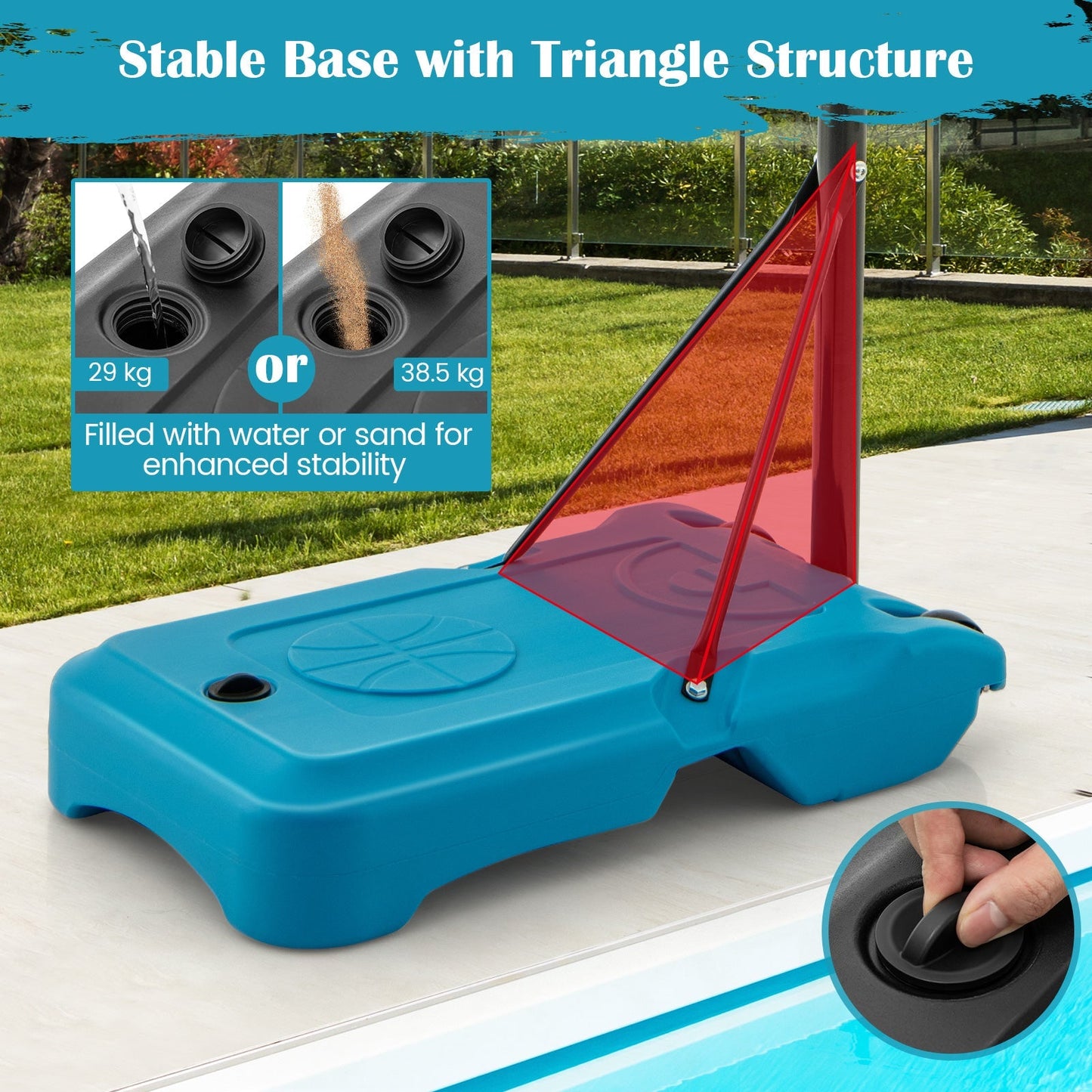 Swimming Pool Basketball Hoop Adjustable with Fillable Base and Wheels-Blue