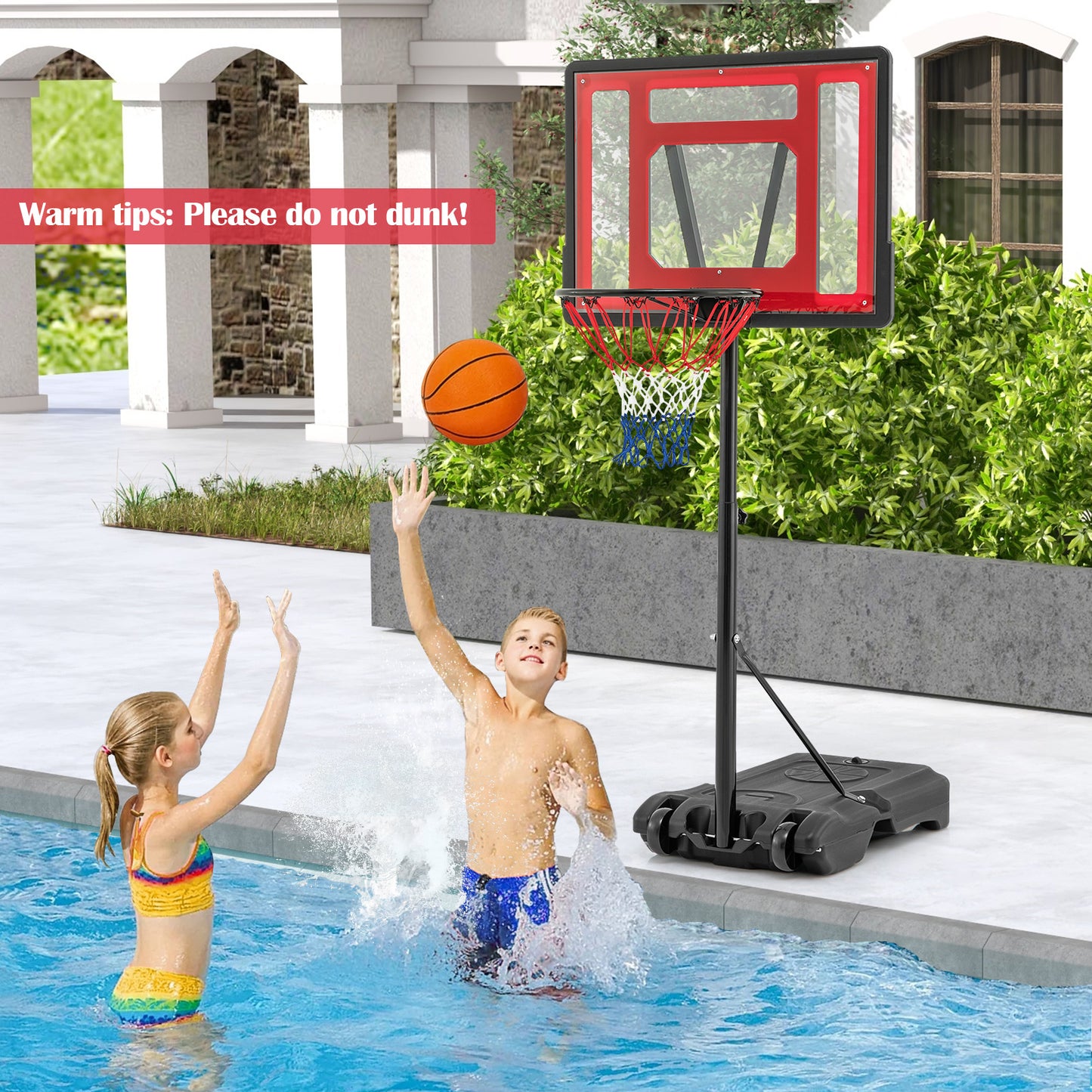 Swimming Pool Basketball Hoop Adjustable with Fillable Base and Wheels-Red