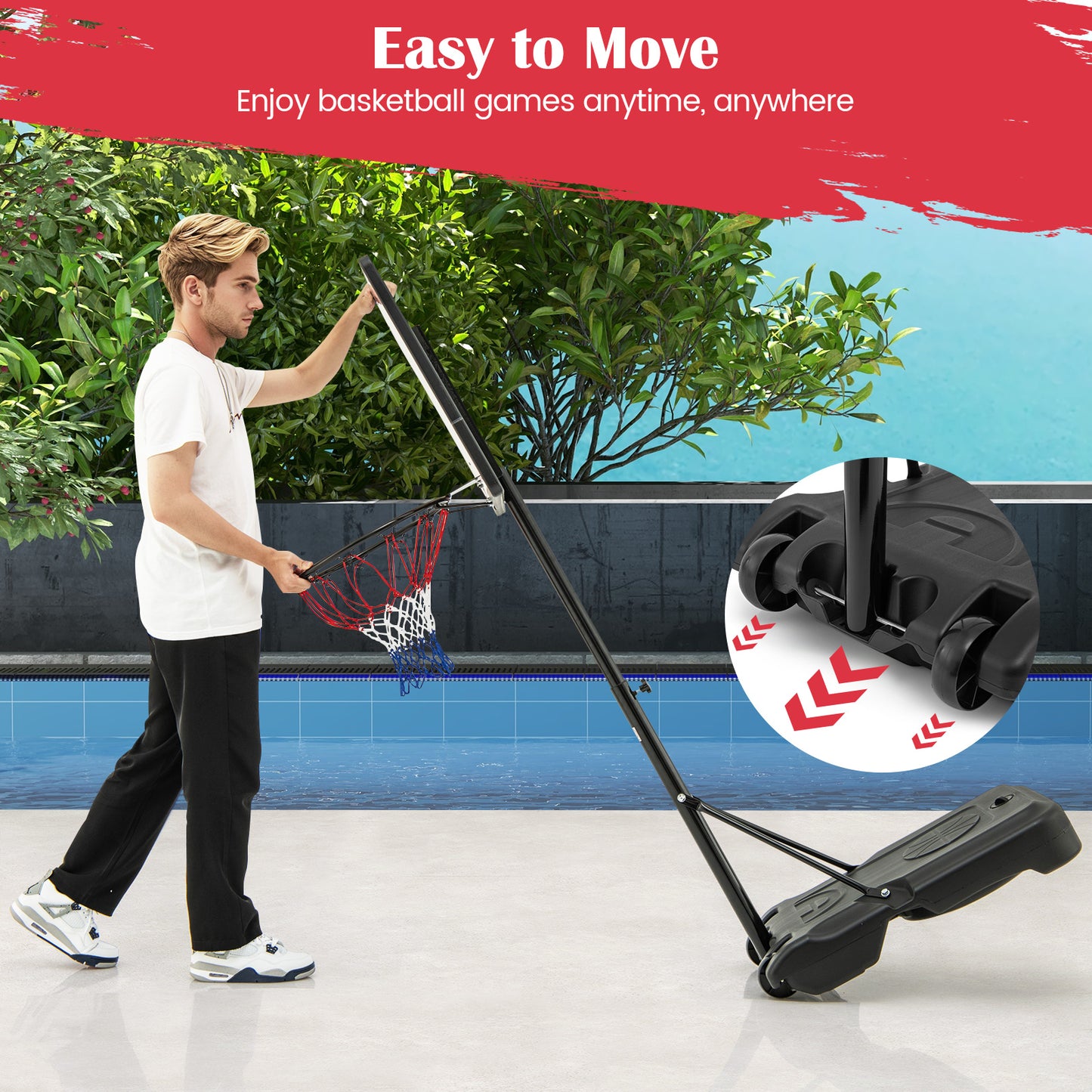 Swimming Pool Basketball Hoop Adjustable with Fillable Base and Wheels-Red