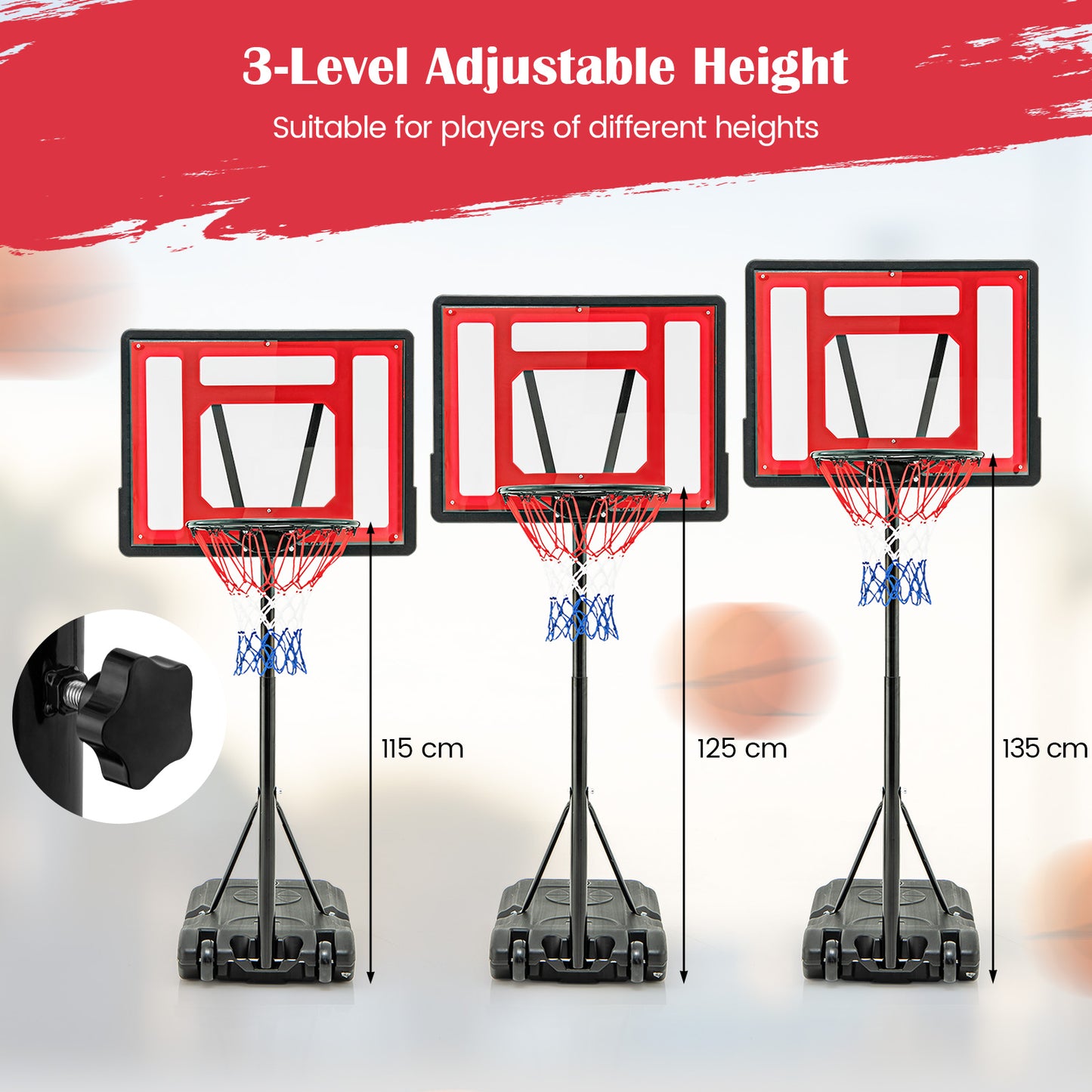 Swimming Pool Basketball Hoop Adjustable with Fillable Base and Wheels-Red