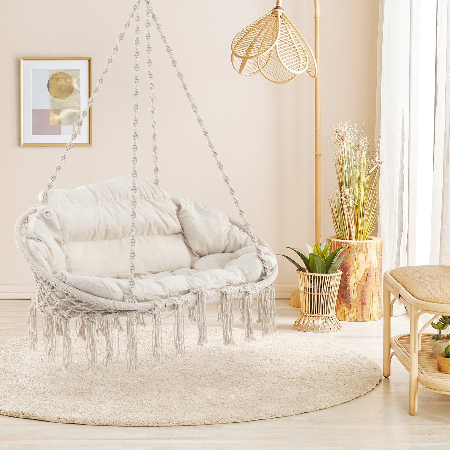 Hand-Woven Rope Hanging Chair with Thick Cushion-Beige