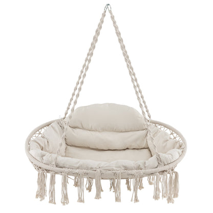 Hand-Woven Rope Hanging Chair with Thick Cushion-Beige