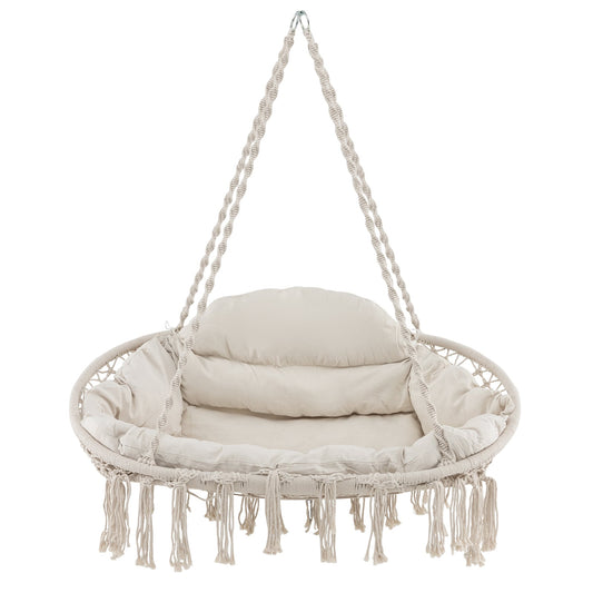 Hand-Woven Rope Hanging Chair with Thick Cushion-Beige