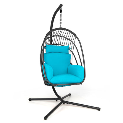 Swing Egg Chair with Stand with Cushion, Pillow and Foldable Seat Basket-Turquoise