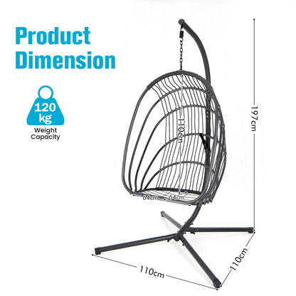 Swing Egg Chair with Stand with Cushion, Pillow and Foldable Seat Basket-Turquoise