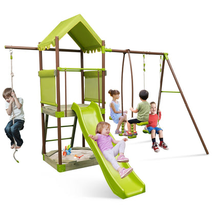 7-in-1 Swing Set Outdoor Metal Playset with Covered Fort-Green