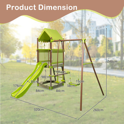 7-in-1 Swing Set Outdoor Metal Playset with Covered Fort-Green