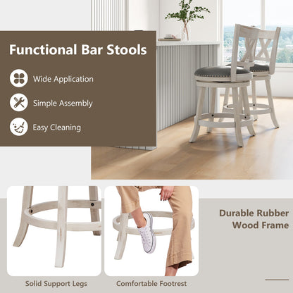 Swivel 64cm Hand-Antiqued Stool Set of 2 with Wider Padded Seat-White-64 cm
