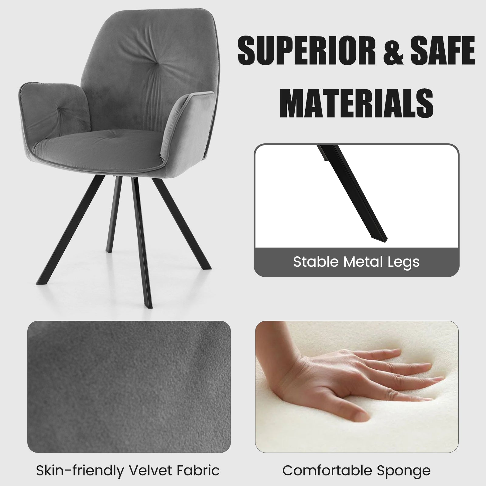 2 PCS Swivel Accent Arm Chairs with Metal Legs and Anti-slip Foot Pads-Grey