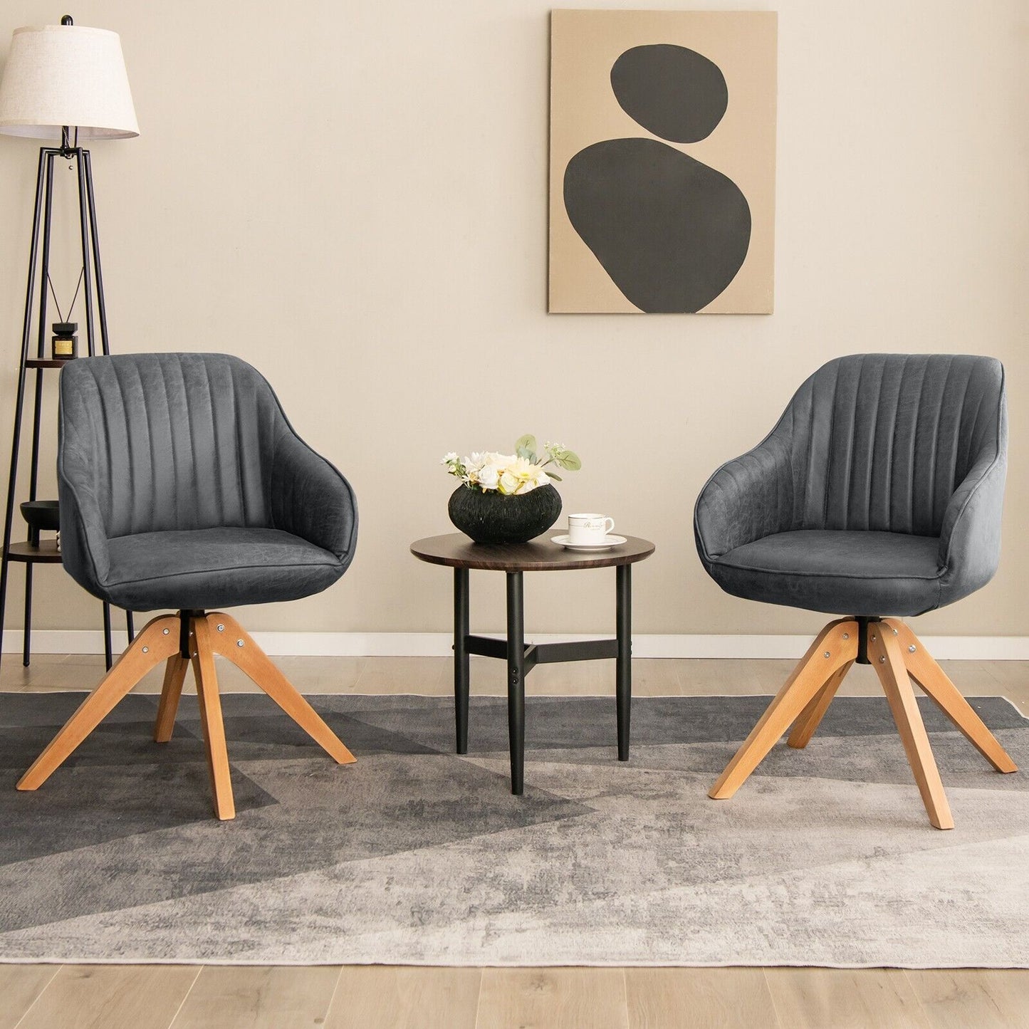 Set of 2 360° Swivel Accent Chair with Solid Wood Legs-Grey