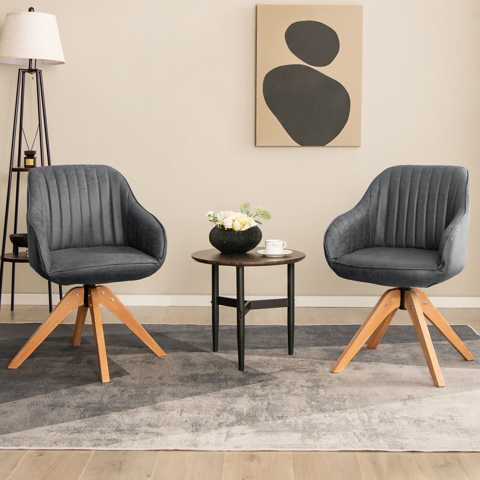 Set of 2 360° Swivel Accent Chair with Solid Wood Legs-Grey
