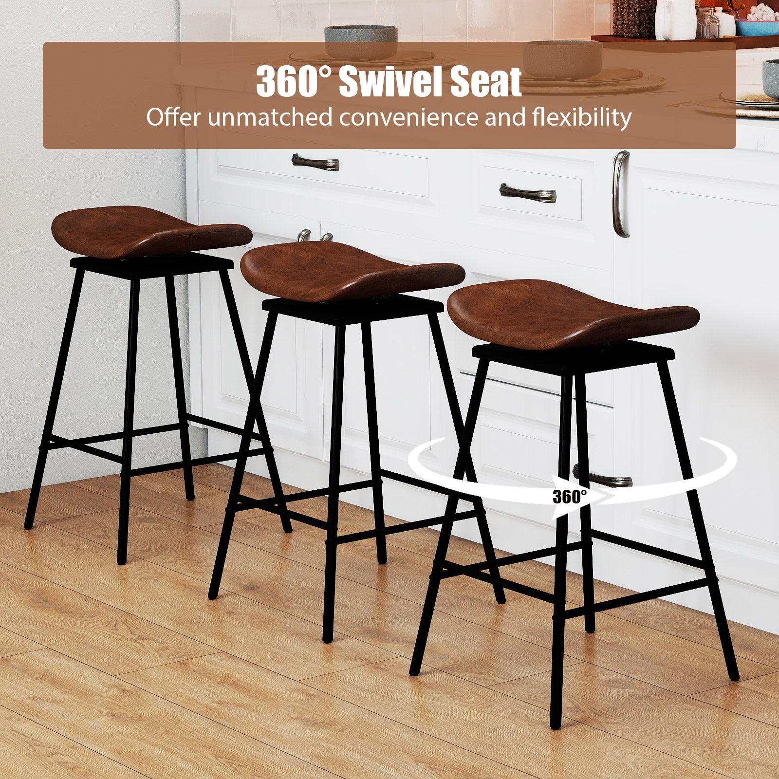 Swivel Barstools Set of 2 with Padded Saddle Seat and Footrest-Brown