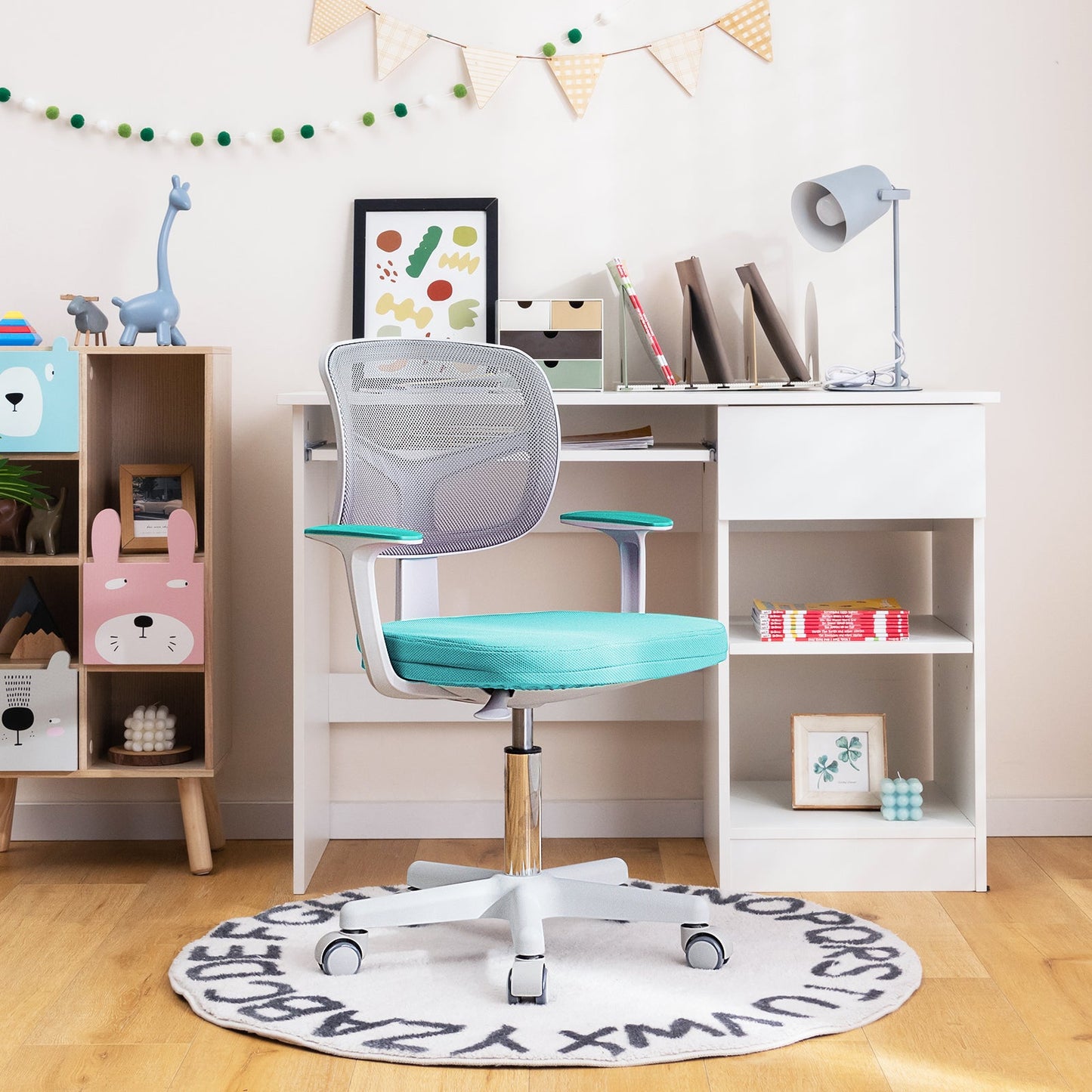 Kids Height-Adjustable Swivel Computer Desk Chair with Lumbar Support-Turquoise