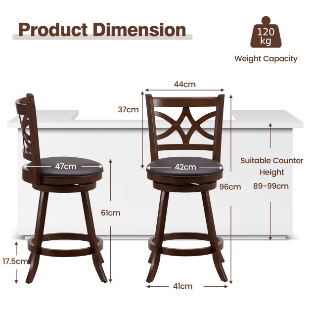 Set of 2 Bar Chairs 360° Swivel with Leather Cushioned Seat and Rubber Wood Frame-24 inch