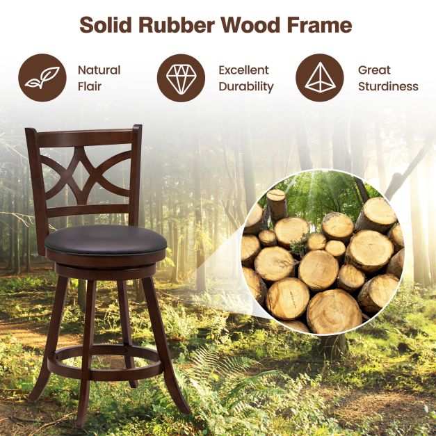 Set of 2 Bar Chairs 360° Swivel with Leather Cushioned Seat and Rubber Wood Frame-24 inch