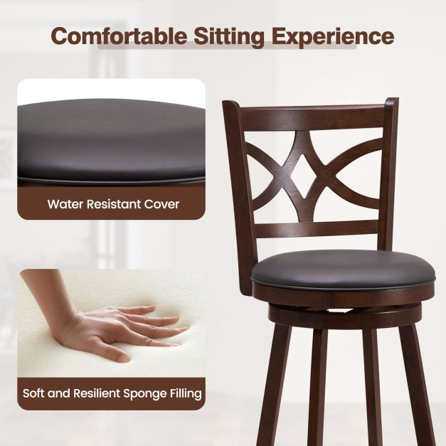 Set of 2 Bar Chairs 360° Swivel with Leather Cushioned Seat and Rubber Wood Frame-24 inch