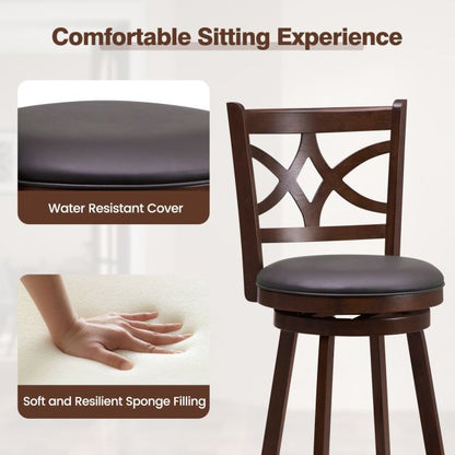 Set of 2 Bar Chairs 360° Swivel with Leather Cushioned Seat and Rubber Wood Frame-24 inch