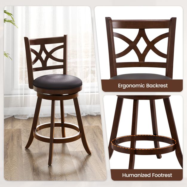 Set of 2 Bar Chairs 360° Swivel with Leather Cushioned Seat and Rubber Wood Frame-24 inch