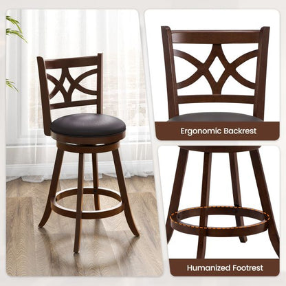 Set of 2 Bar Chairs 360° Swivel with Leather Cushioned Seat and Rubber Wood Frame-24 inch