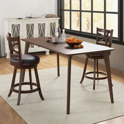 Set of 2 Bar Chairs 360° Swivel with Leather Cushioned Seat and Rubber Wood Frame-24 inch