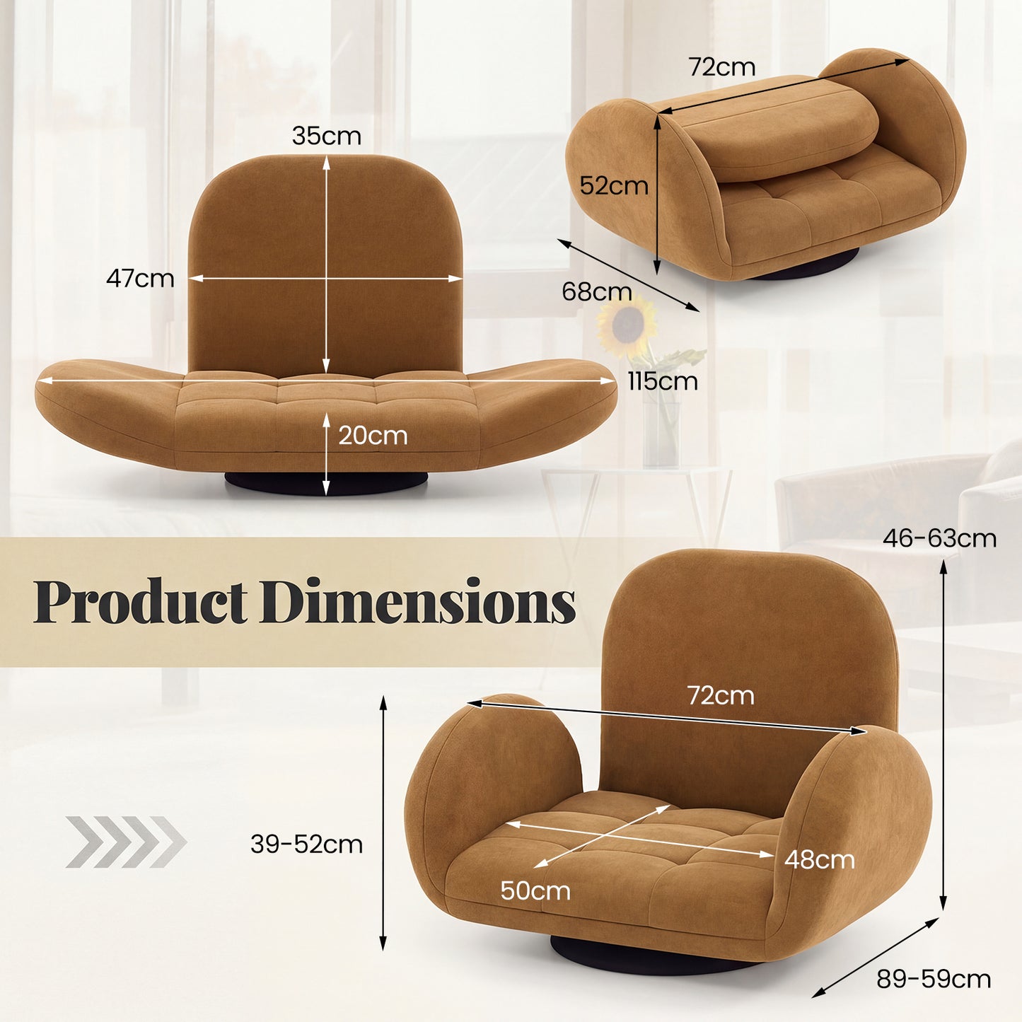 Swivel Floor Chair with Adjustable Backrest and Armrests-Coffee