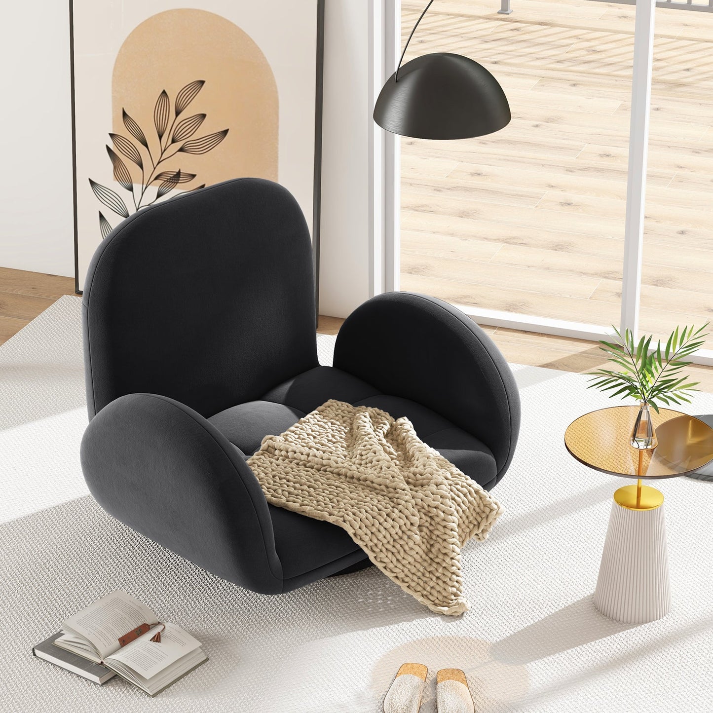 Swivel Floor Chair with Adjustable Backrest and Armrests-Black