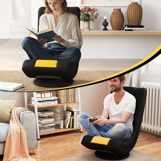 360° Swivel Gaming Chair with 4 Adjustable Positions and Lumbar Support, Folding Floor Sofa Yellow and Black